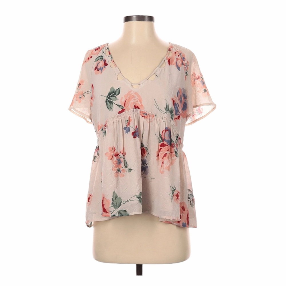 LUCKY BRAND Floral V-Neck Short Sleeve Peplum Top